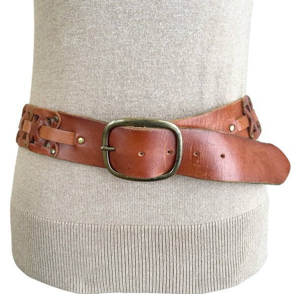 Cognac Brown Wide Waist Oversized Studded Leather Belt Boho Casual Size S - Picture 1 of 16
